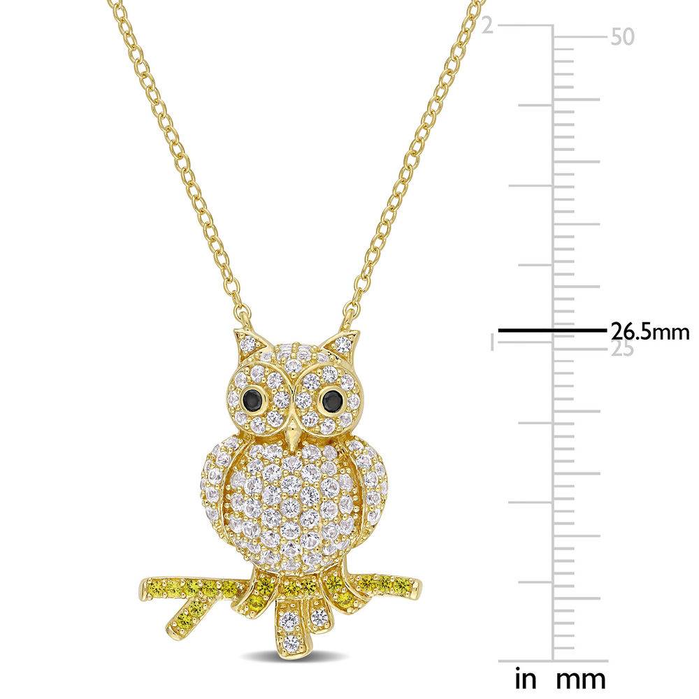 Owl Necklace with Lab-Created White and Yellow Sapphires & Black Spinel in Gold Plated Sterling Silver-5 product photo