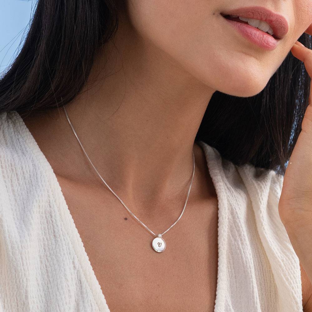 Small Circle Initial Necklace with Diamond in Sterling Silver-2 product photo