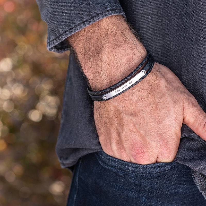 Stacked Black Leather Bracelets with an Engraved Bar-3 product photo