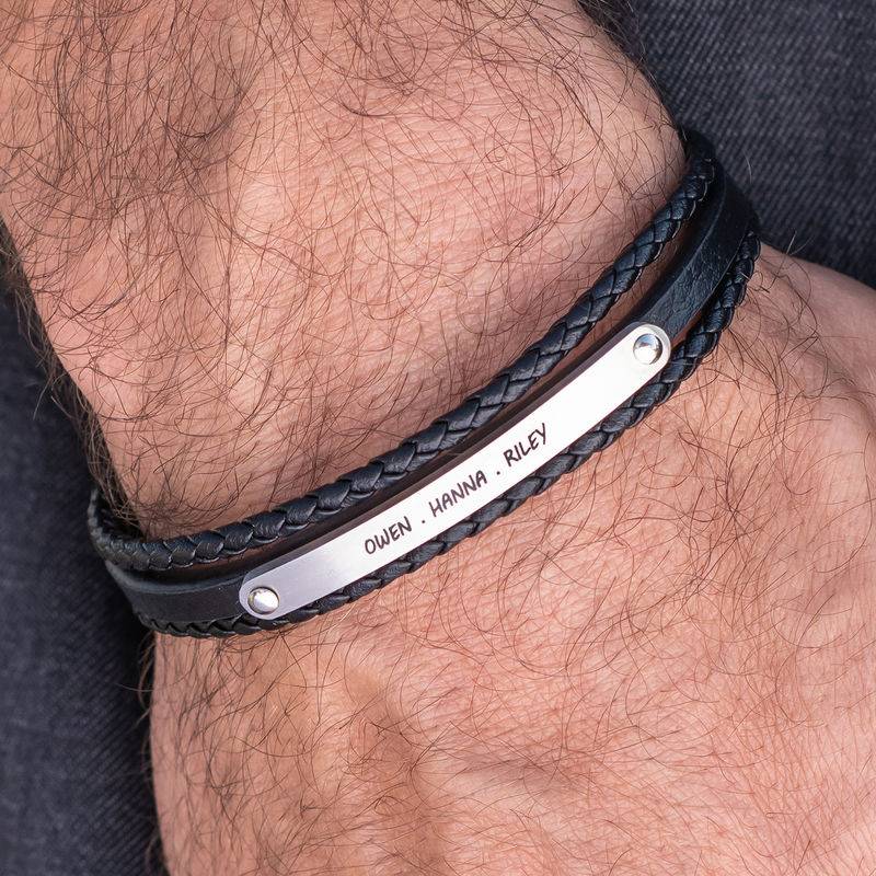 Stacked Black Leather Bracelets with an Engraved Bar-4 product photo