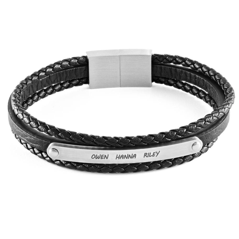 Stacked Black Leather Bracelets with an Engraved Bar-1 product photo